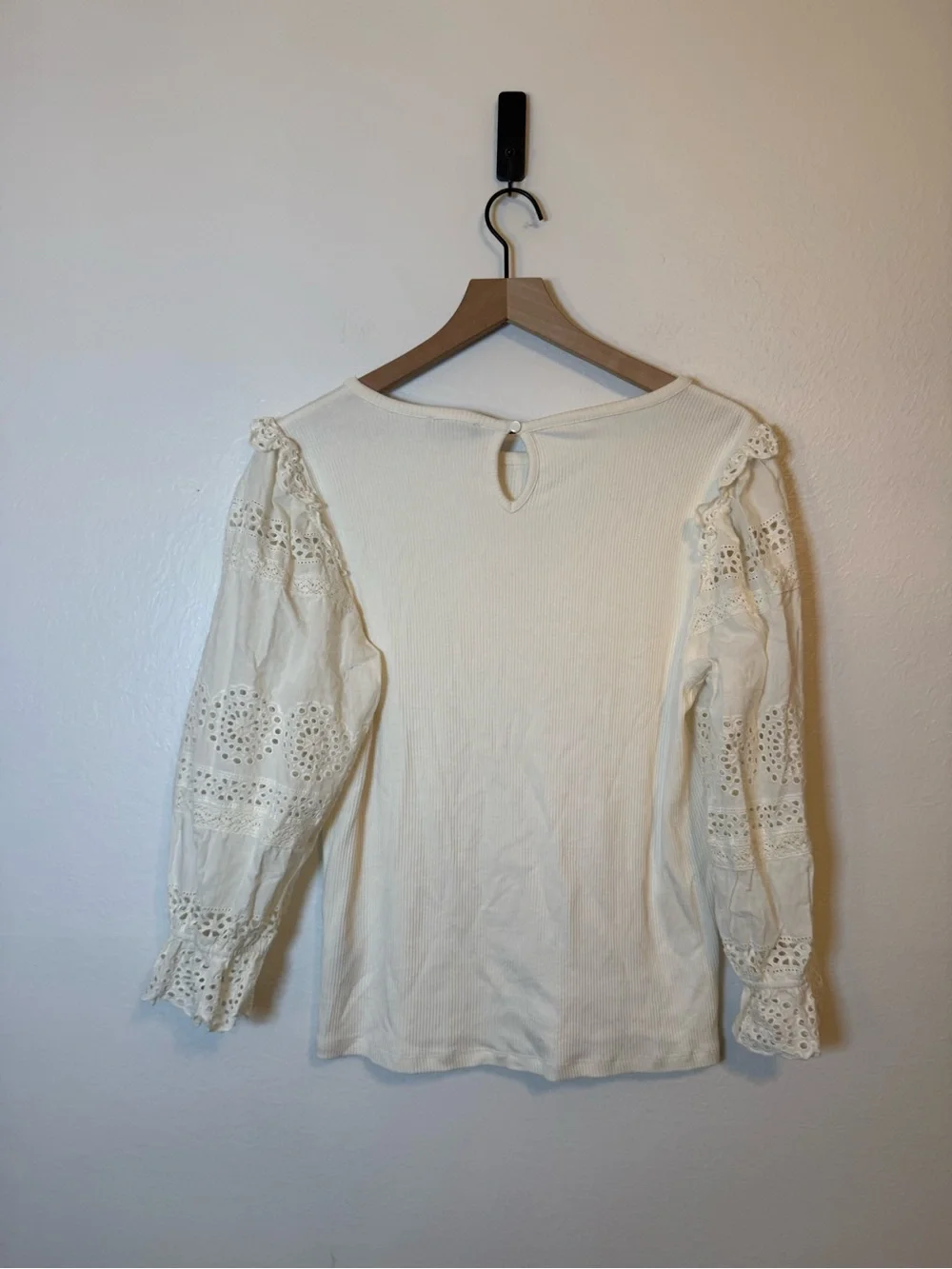 J. Crew Ruffle-trim eyelet top‎ in vintage rib